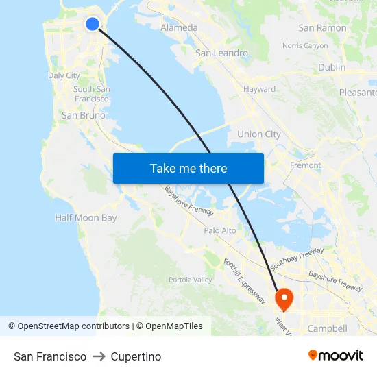 San Francisco to Cupertino map
