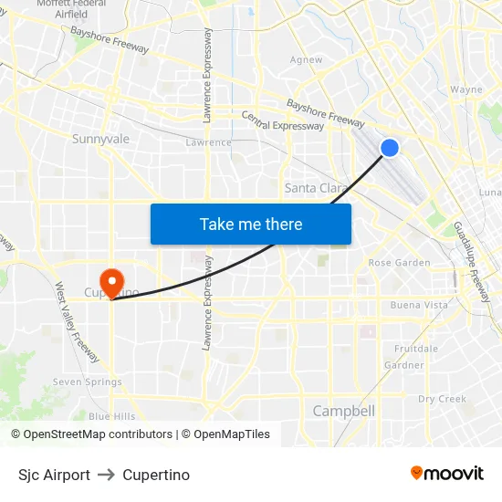 Sjc Airport to Cupertino map