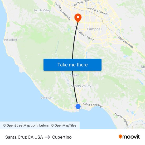 Santa Cruz CA USA to Cupertino map