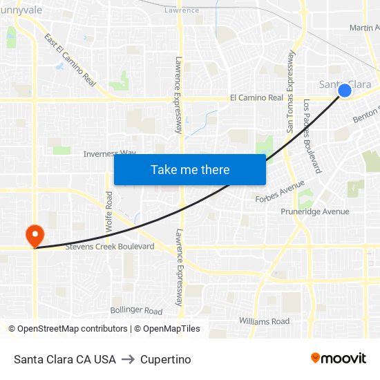 Santa Clara CA USA to Cupertino map