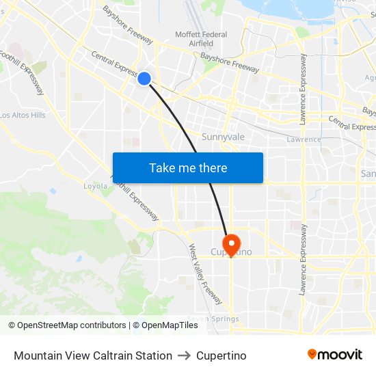 Mountain View Caltrain Station to Cupertino map