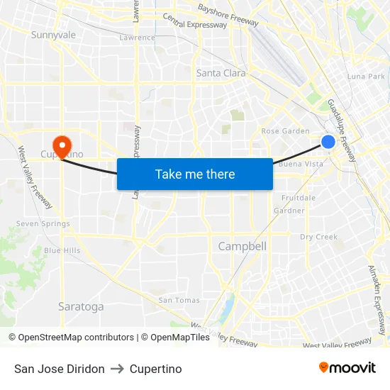San Jose Diridon to Cupertino map