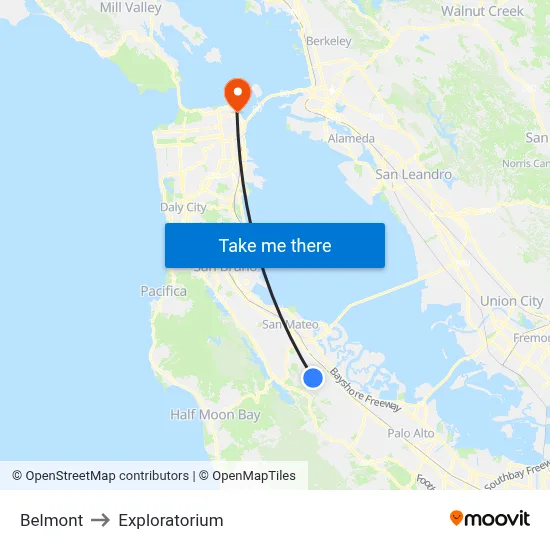 Belmont to Exploratorium map