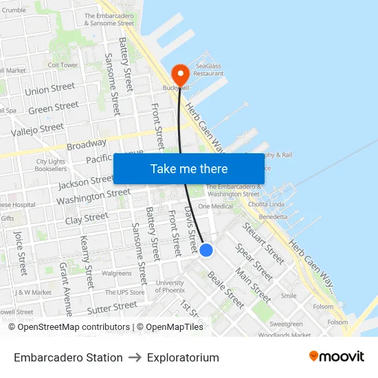 Embarcadero Station to Exploratorium map