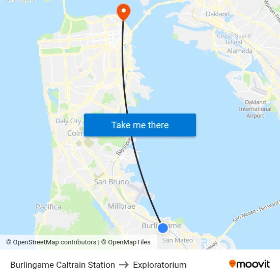 Burlingame Caltrain Station to Exploratorium map
