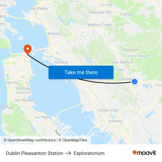 Dublin Pleasanton Station to Exploratorium map