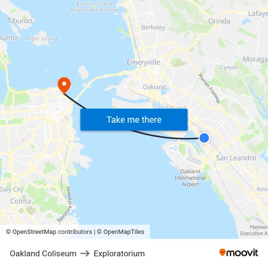 Oakland Coliseum to Exploratorium map