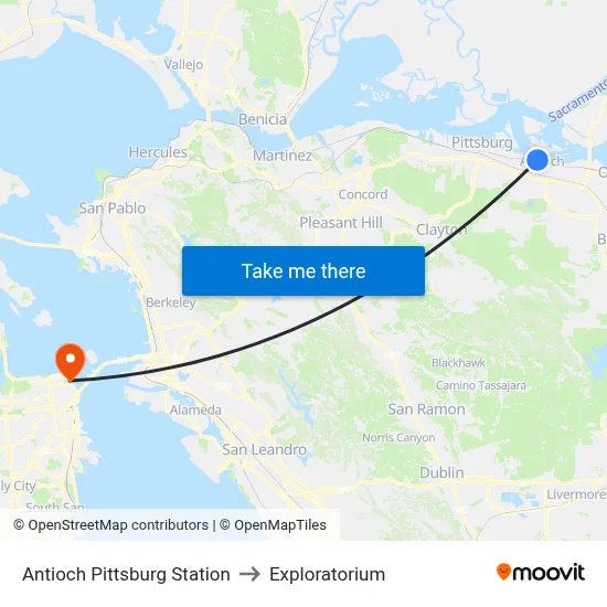 Antioch Pittsburg Station to Exploratorium map