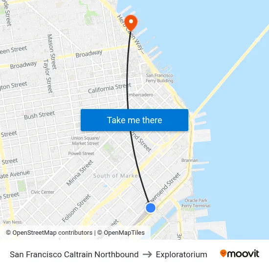 San Francisco Caltrain Northbound to Exploratorium map