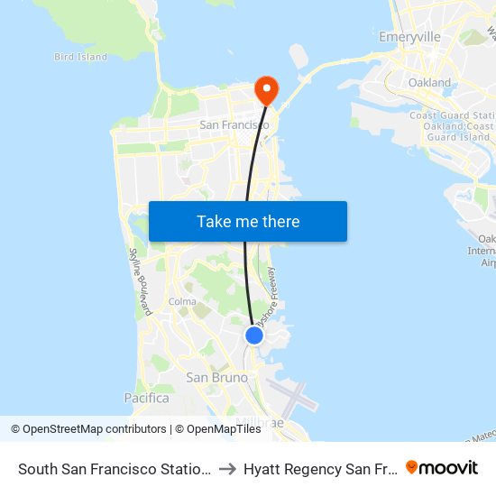 South San Francisco Station Caltrain to Hyatt Regency San Francisco map