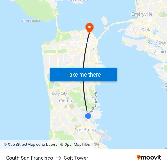 South San Francisco to Coit Tower map