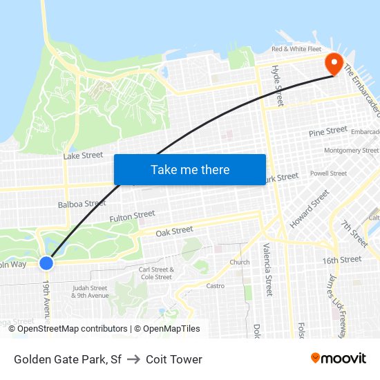 Golden Gate Park, Sf to Coit Tower map