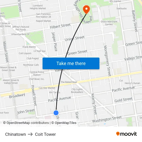 Chinatown to Coit Tower map