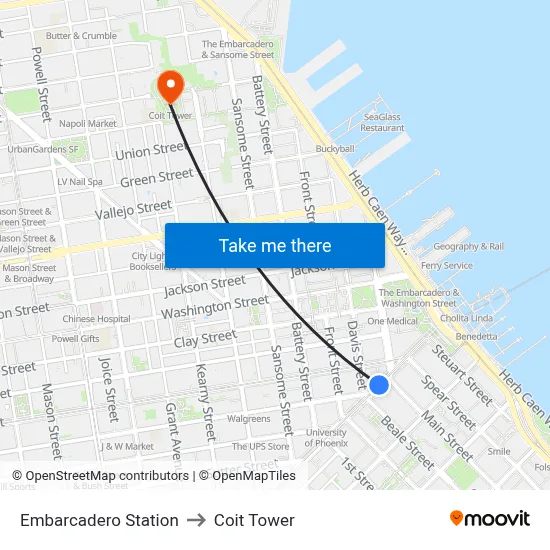 Embarcadero Station to Coit Tower map