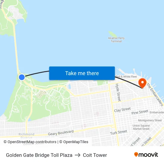 Golden Gate Bridge Toll Plaza to Coit Tower map