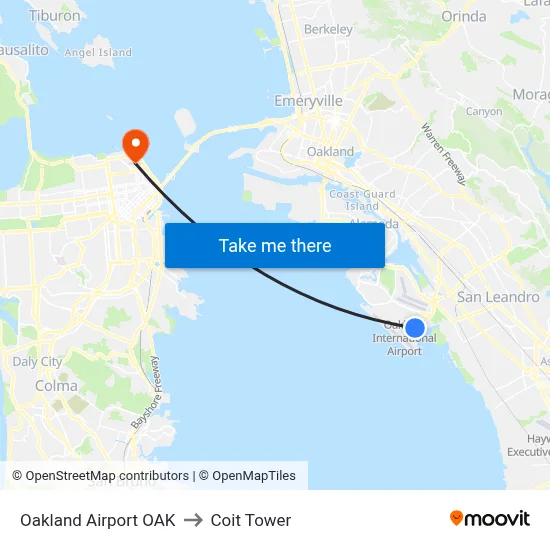 Oakland Airport OAK to Coit Tower map