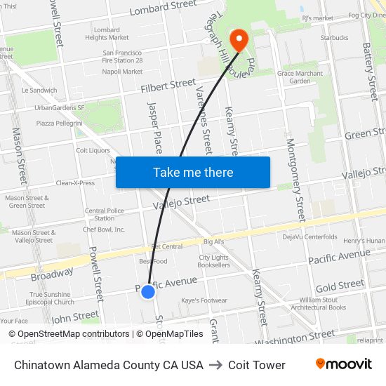Chinatown Alameda County CA USA to Coit Tower map