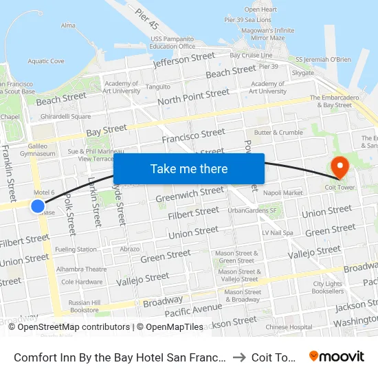 Comfort Inn By the Bay Hotel San Francisco to Coit Tower map