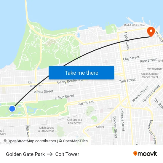 Golden Gate Park to Coit Tower map