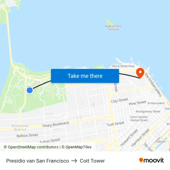 Presidio van San Francisco to Coit Tower map