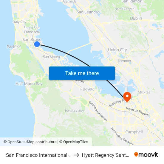 San Francisco International Airport to Hyatt Regency Santa Clara map