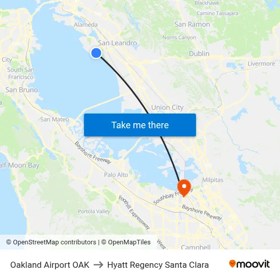 Oakland Airport OAK to Hyatt Regency Santa Clara map