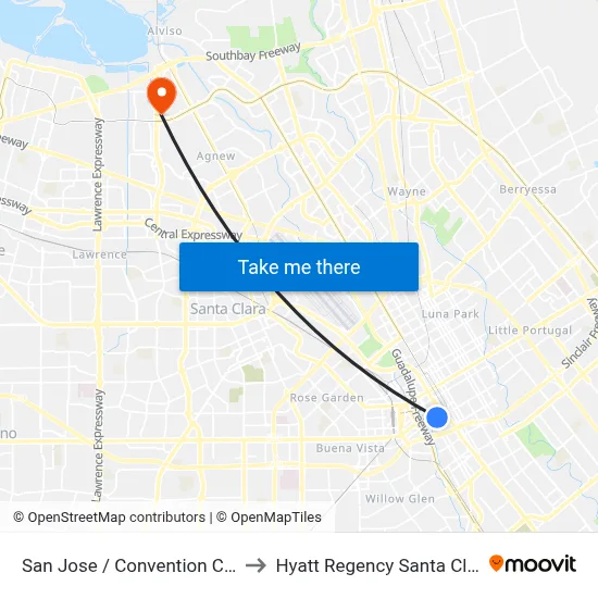 San Jose / Convention Cnt2 to Hyatt Regency Santa Clara map