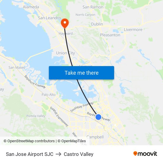 San Jose Airport SJC to Castro Valley map