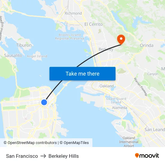 San Francisco to Berkeley Hills map