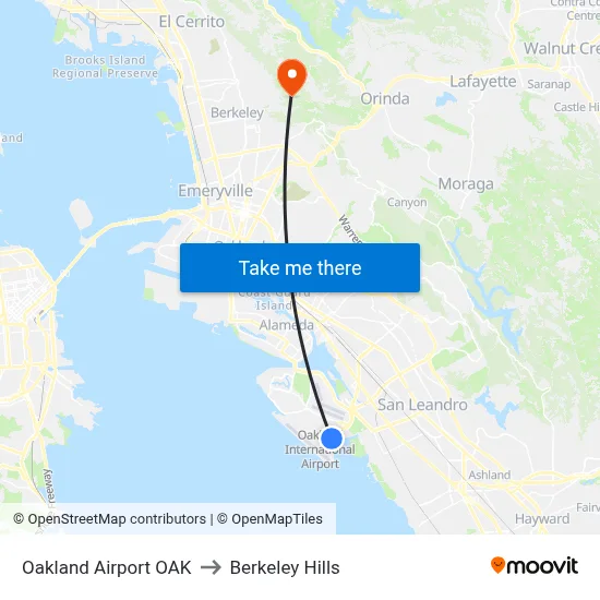 Oakland Airport OAK to Berkeley Hills map