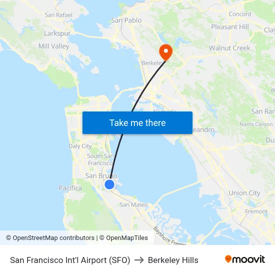 San Francisco Int'l Airport (SFO) to Berkeley Hills map