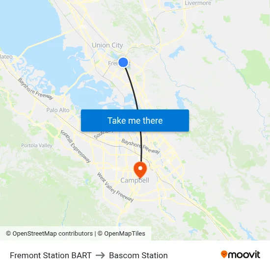 Fremont Station BART to Bascom Station map