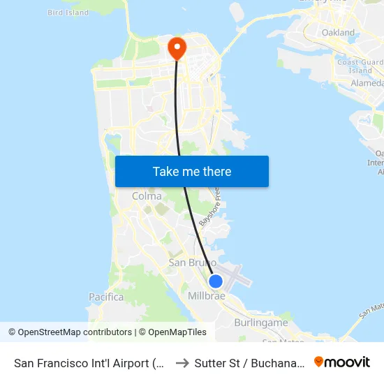 San Francisco Int'l Airport (SFO) to Sutter St / Buchanan St map