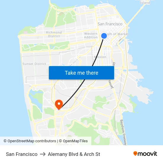 San Francisco to Alemany Blvd & Arch St map