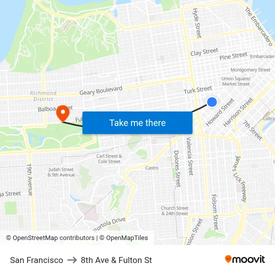 San Francisco to 8th Ave & Fulton St map