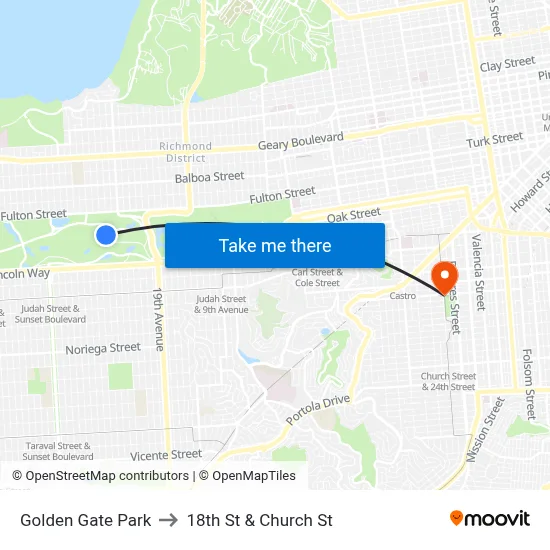 Golden Gate Park to 18th St & Church St map
