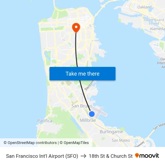 San Francisco Int'l Airport (SFO) to 18th St & Church St map