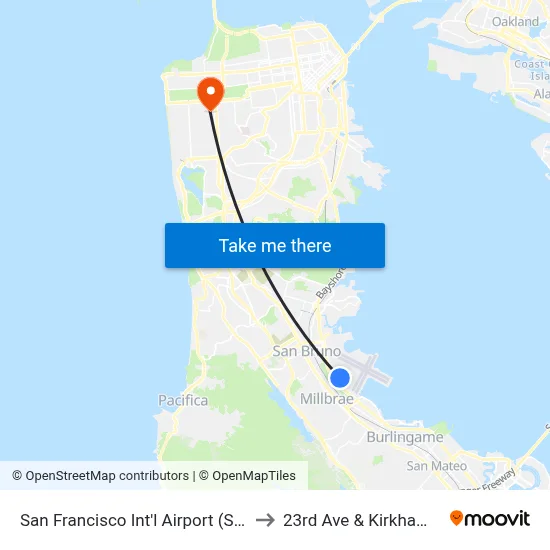 San Francisco Int'l Airport (SFO) to 23rd Ave & Kirkham St map