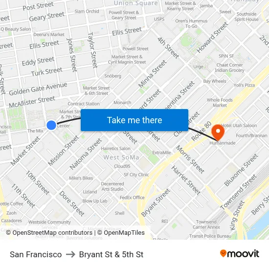 San Francisco to Bryant St & 5th St map