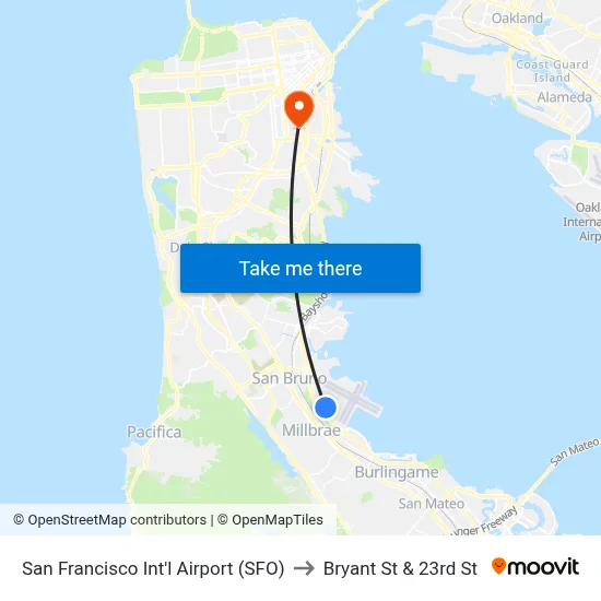 San Francisco Int'l Airport (SFO) to Bryant St & 23rd St map