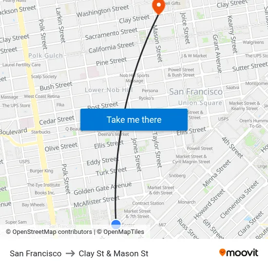 San Francisco to Clay St & Mason St map