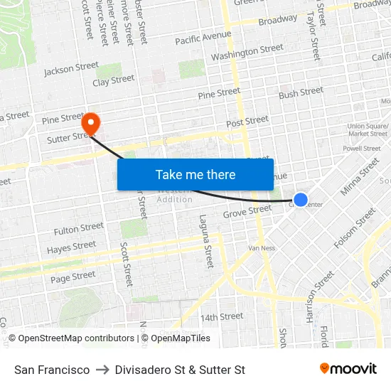 San Francisco to Divisadero St & Sutter St map