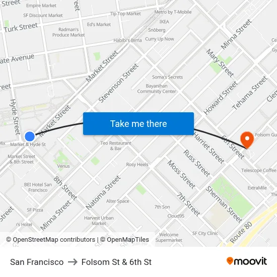 San Francisco to Folsom St & 6th St map