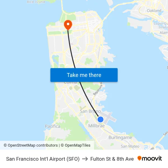 San Francisco Int'l Airport (SFO) to Fulton St & 8th Ave map