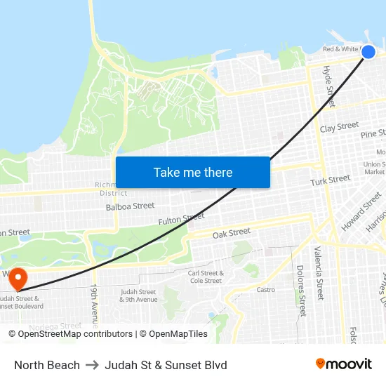North Beach to Judah St & Sunset Blvd map