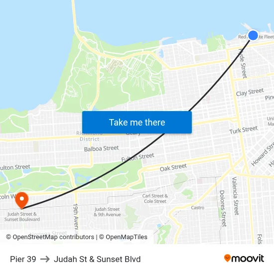 Pier 39 to Judah St & Sunset Blvd map