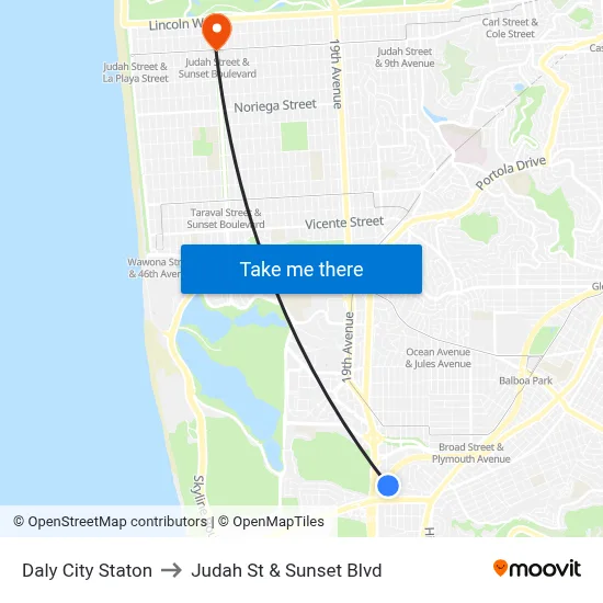 Daly City Staton to Judah St & Sunset Blvd map