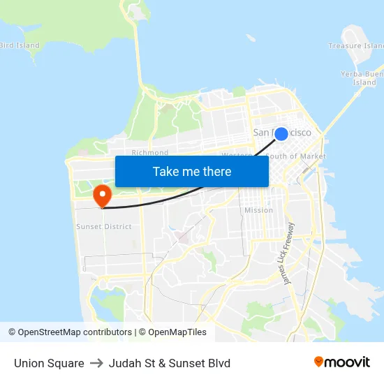 Union Square to Judah St & Sunset Blvd map
