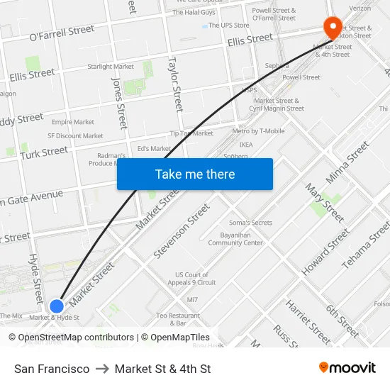 San Francisco to Market St & 4th St map