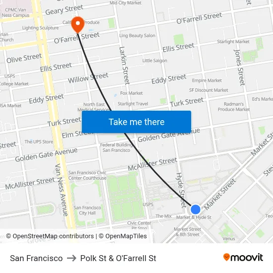 San Francisco to Polk St & O'Farrell St map